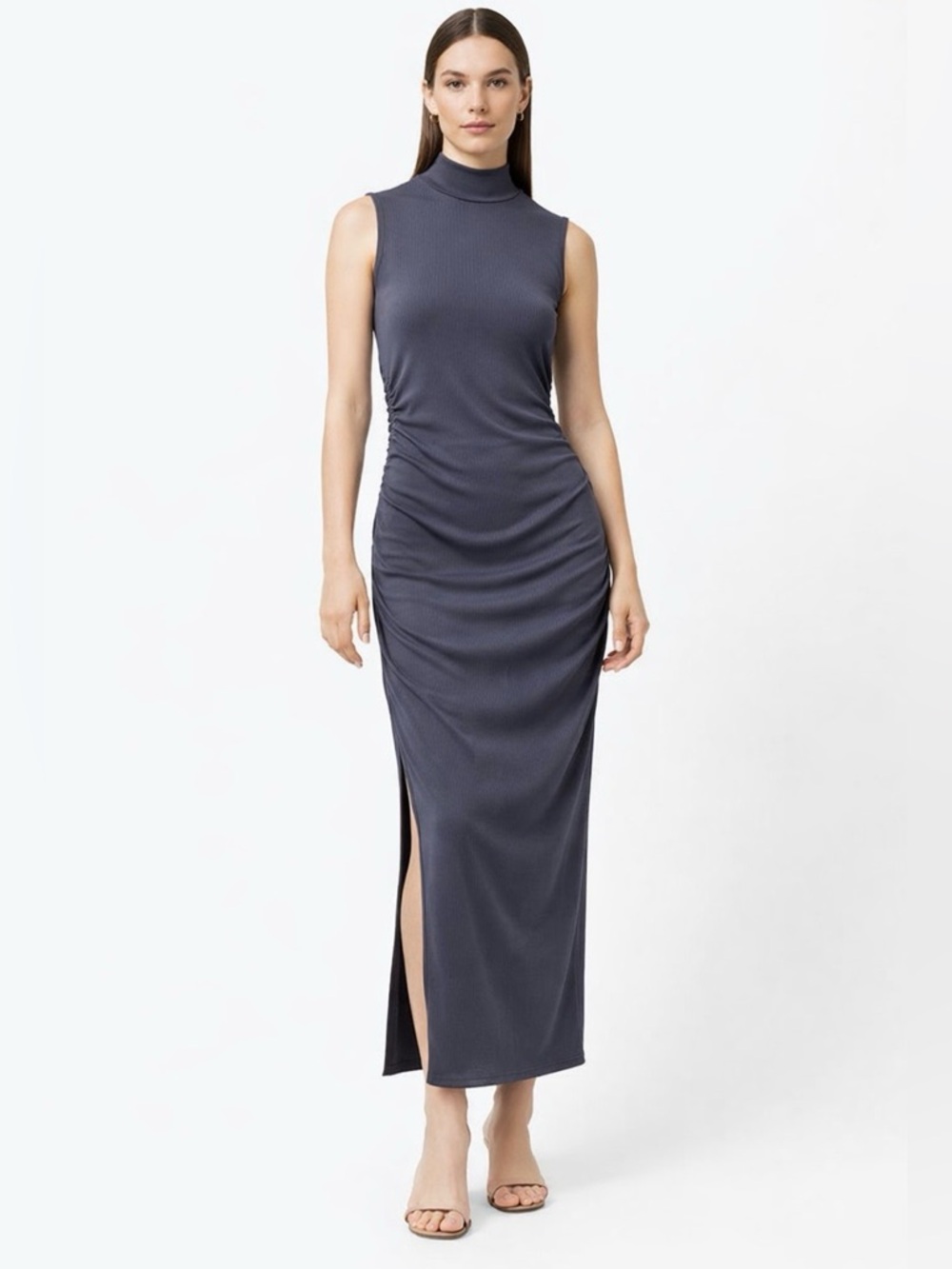 H&M Ribbed Mock Neck Midi Dress Grey Ruched Small Screen Worn Cruel Intentions